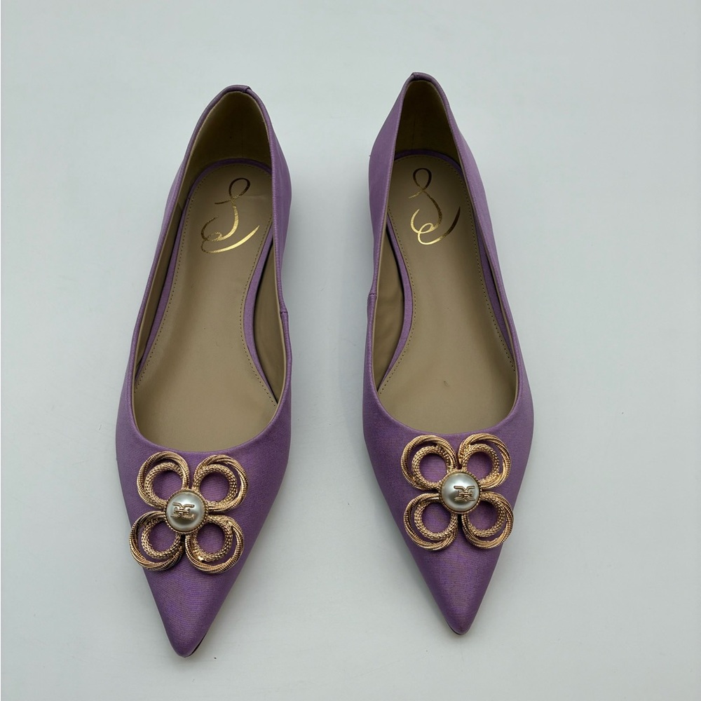 Sam Edelman Women's Purple Pointed Toe Flats with Floral Embellishment, 7